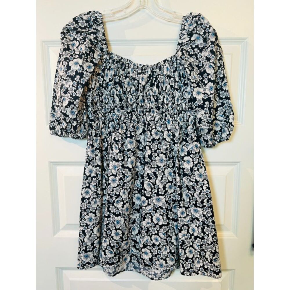 Altar'd State Floral Smocked Puff Sleeve Mini Dress Navy Blue M